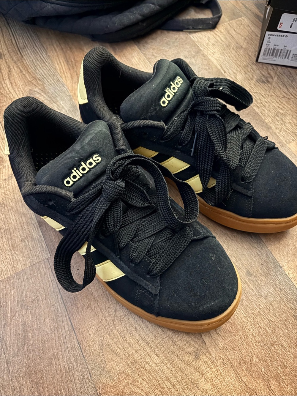 adidas Black Shoes with Yellow Stripes and Gum Sole